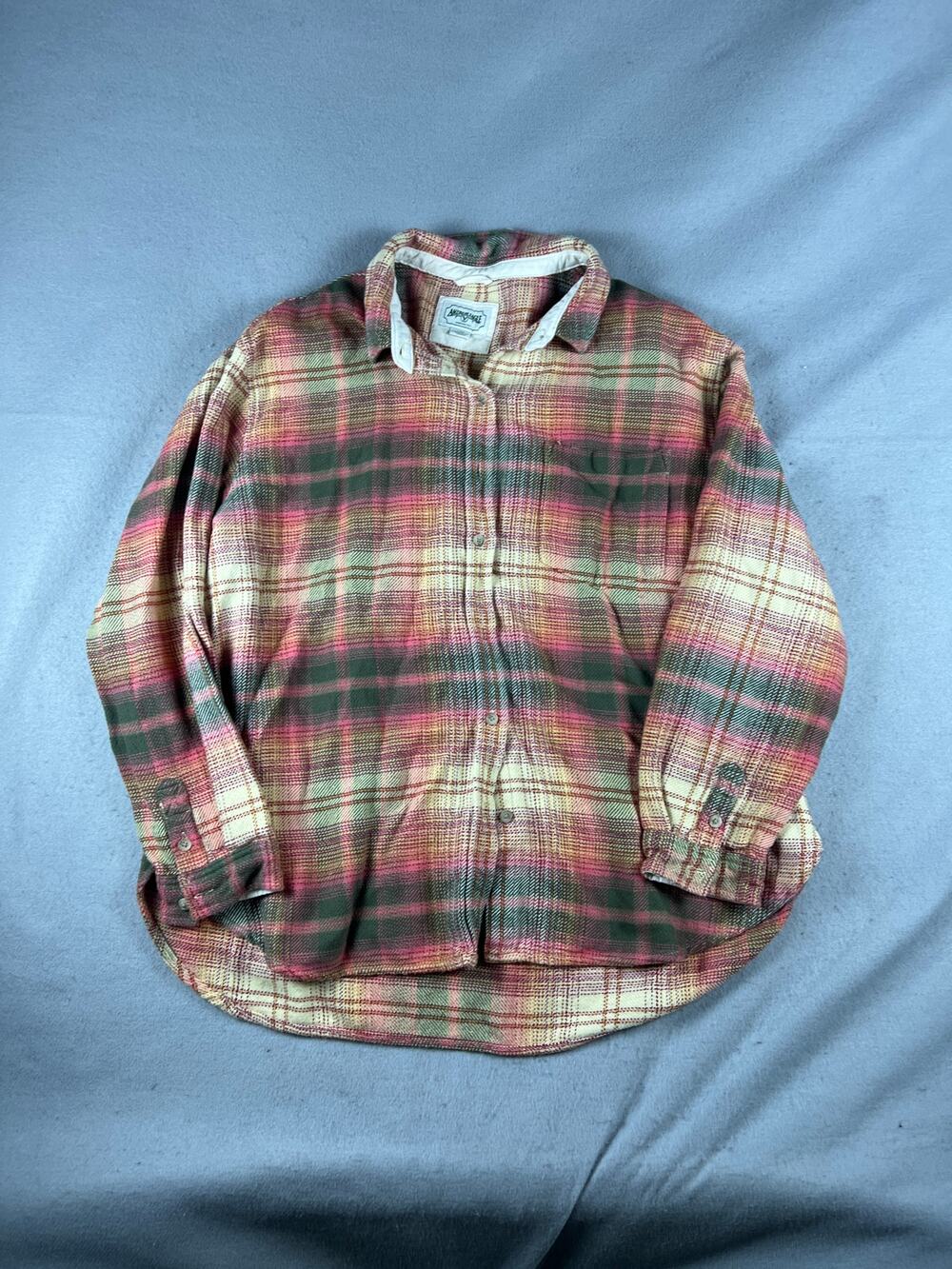 American Eagle Shirt Womens L Pink Green Button Up Flannel Plaid Soft Blouse